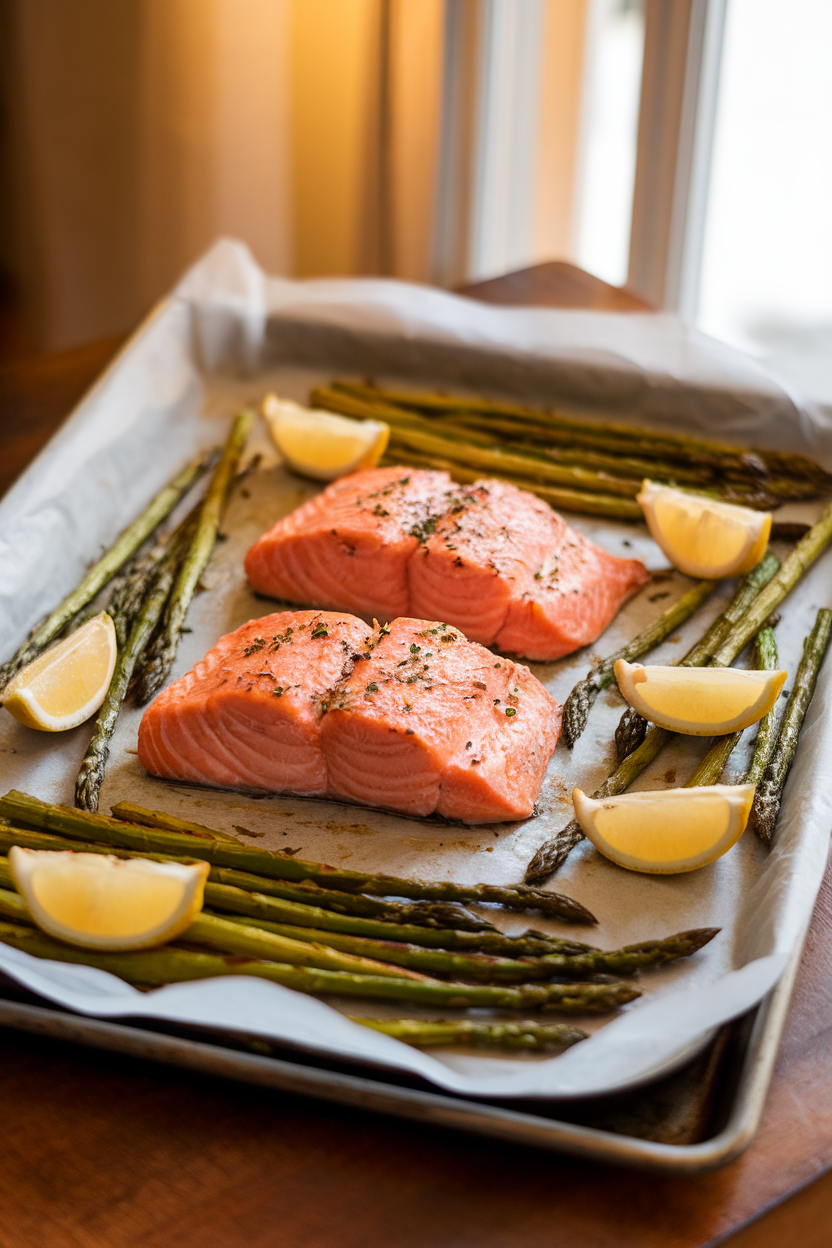A warmly lit indoor table showing a parchment-lined sheet pan with cooked salmon fillets flaked slightly, surrounded by roasted asparagus spears and lemon wedges. No text or logos.