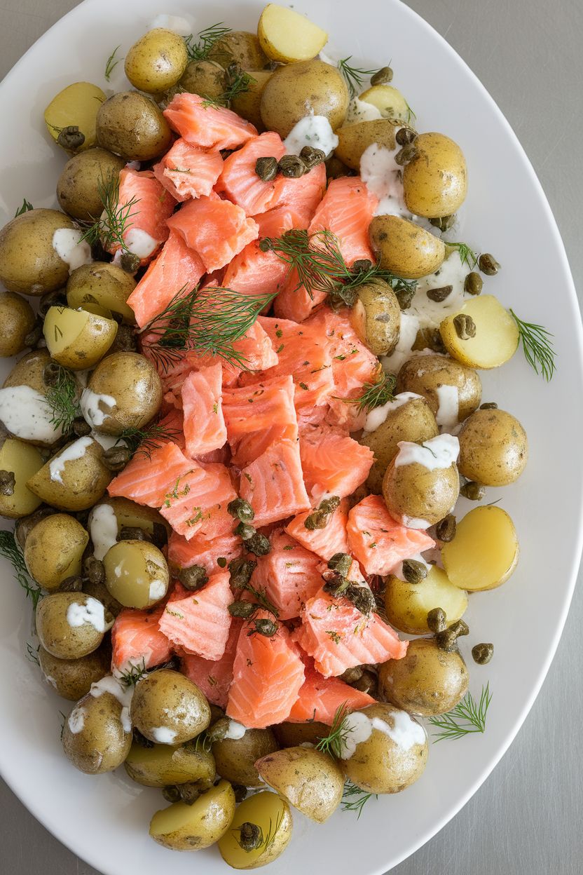 Indoor photo of roasted salmon flakes and baby potatoes tossed with capers, dill, and light yogurt dressing on a white platter. Overhead lighting, no text or logos.