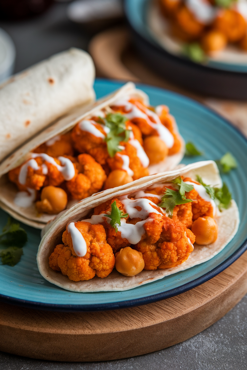 Indoor plate of tortillas filled with spicy buffalo cauliflower bites and chickpeas, topped with yogurt drizzle, no text or logos.