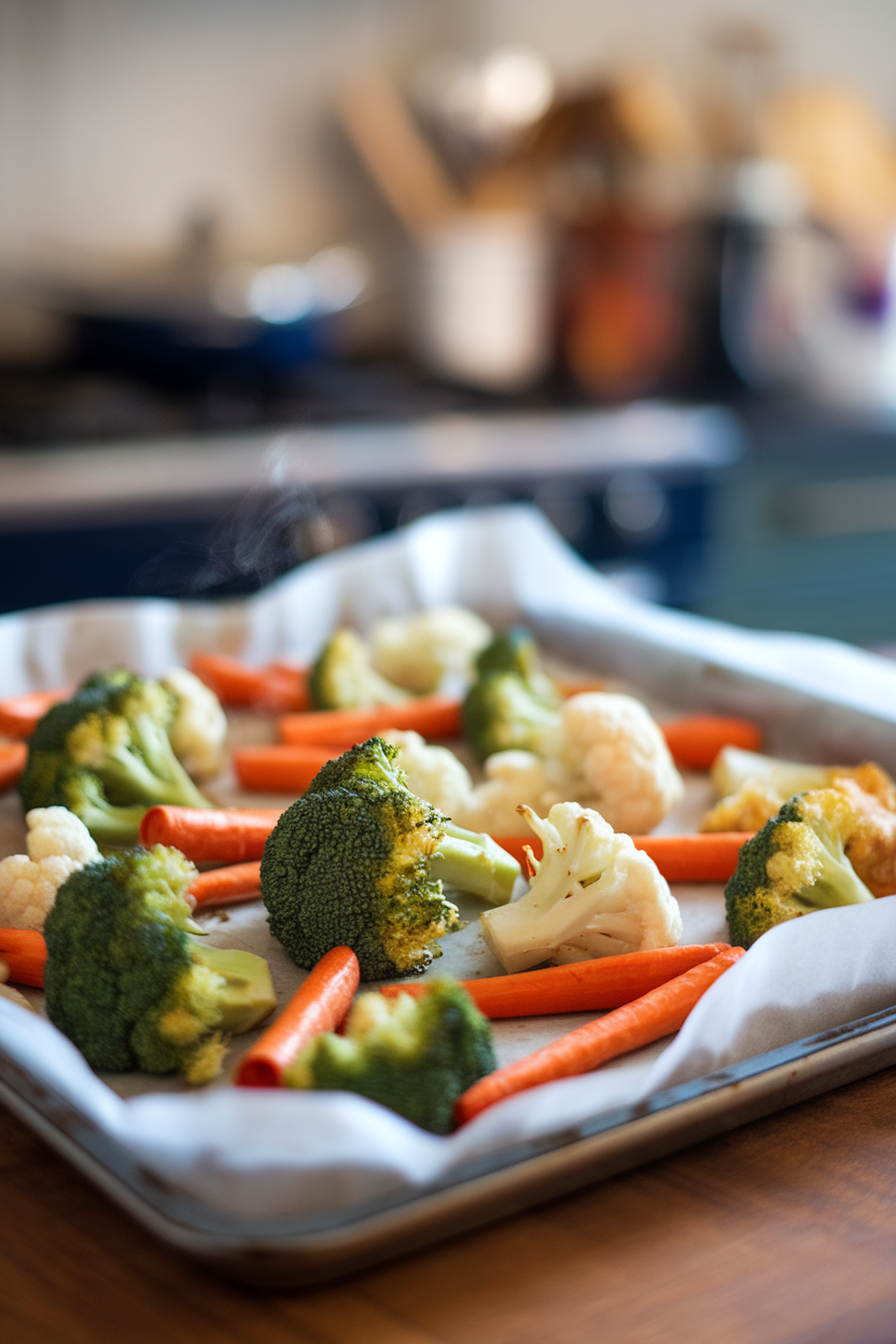 A parchment-lined baking sheet of roasted broccoli, carrots, and cauliflower just pulled from an indoor oven, gentle steam visible. No text or logos. Photo, not illustration.
