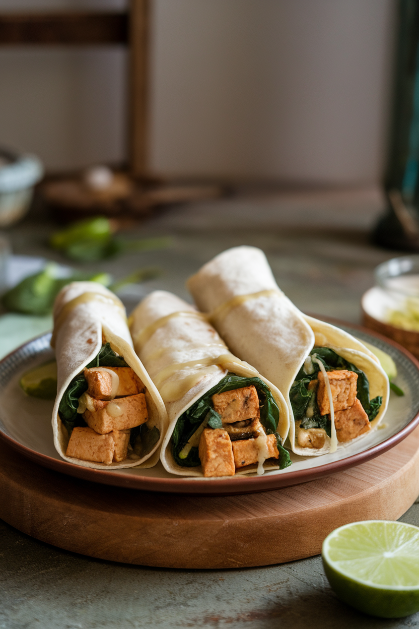 Photo of tortillas filled with ginger-marinated tofu and spinach, topped with light lime sauce, indoor scene, no logos.