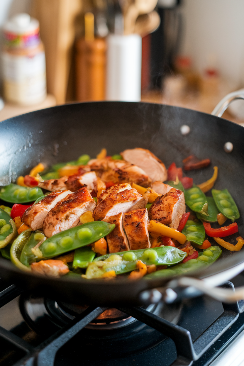 An indoor stovetop wok brimming with sliced chicken, snap peas, bell peppers, and a glossy ginger-garlic sauce. No text or logos visible. Photo.