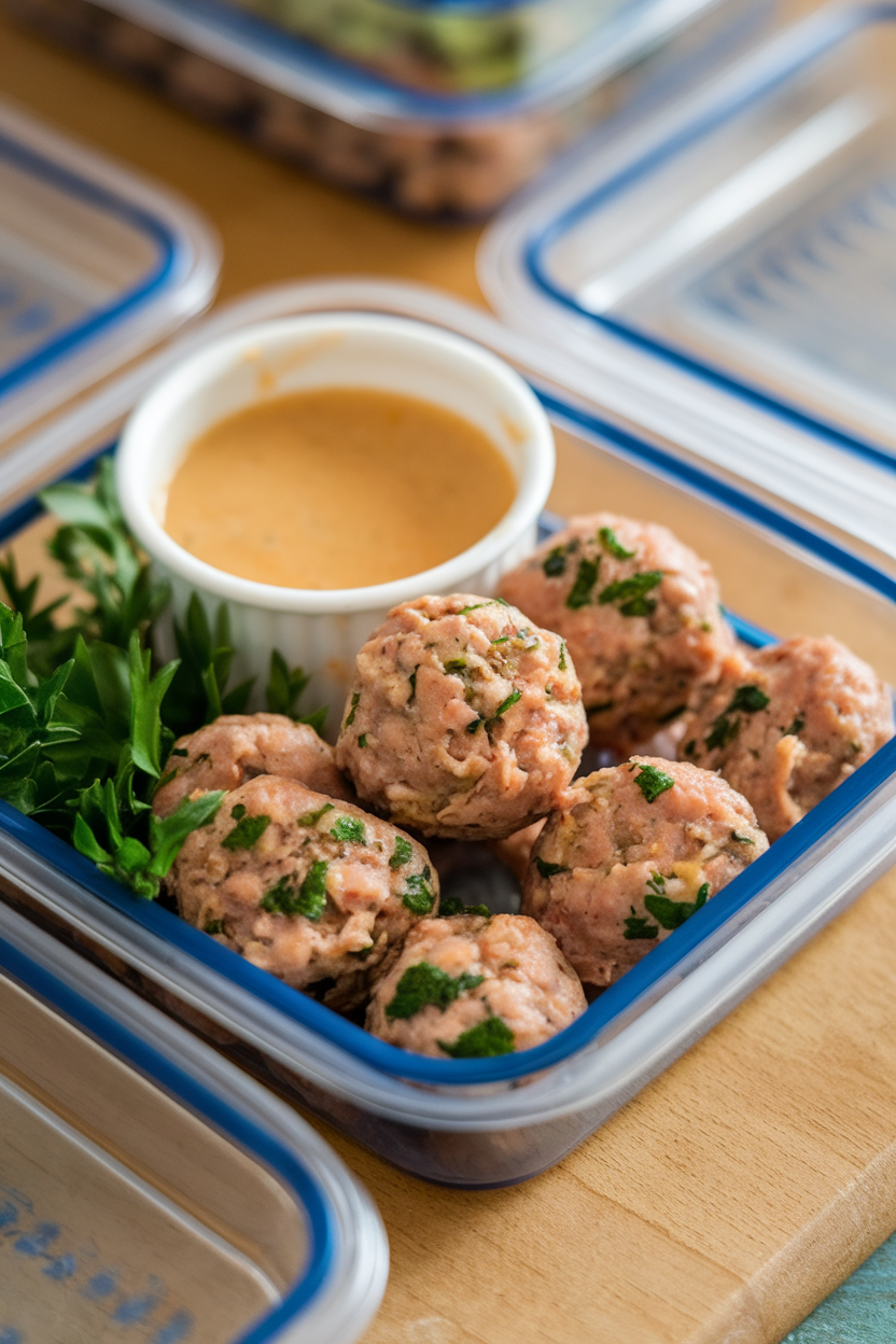 An indoor meal-prep container holding small cooked turkey meatballs with visible herbs, a dipping sauce cup beside them. Photo, no text or logos.