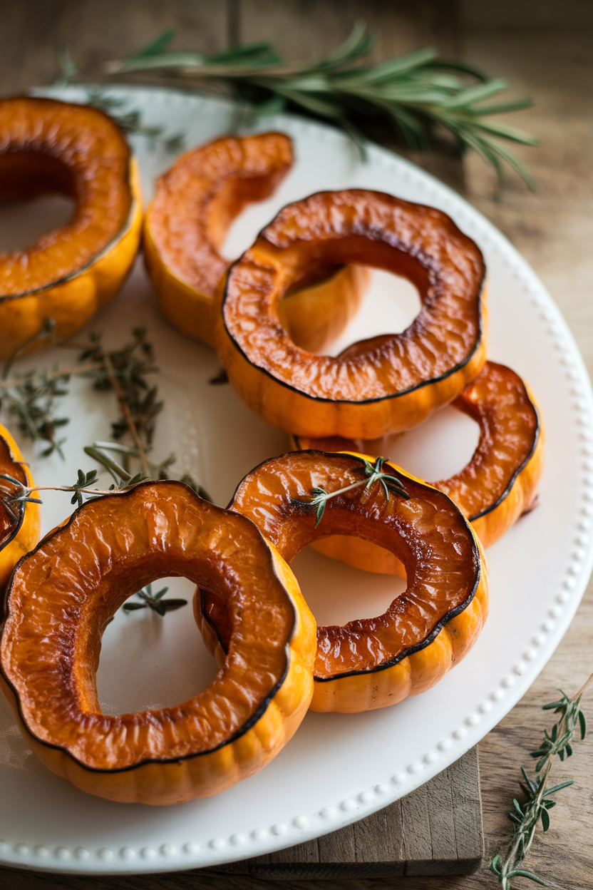 Photo of roasted delicata squash rings showing caramelized edges on a white platter indoors. No text or logos.
