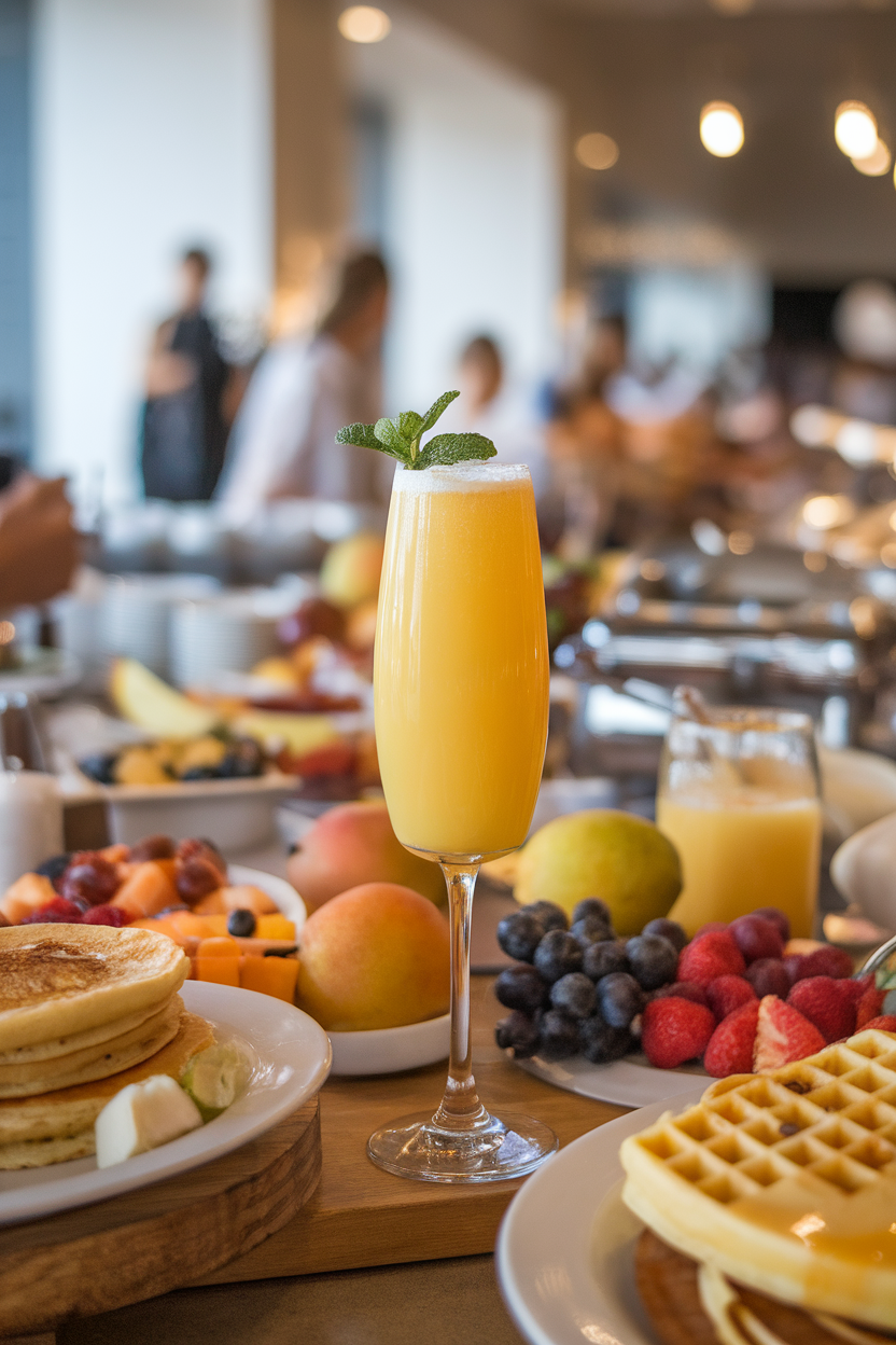 An indoor brunch buffet showing a flute of sunset-colored mango mimosa crowned with a tiny mint sprig. Photo, not illustration. No text or logos.
