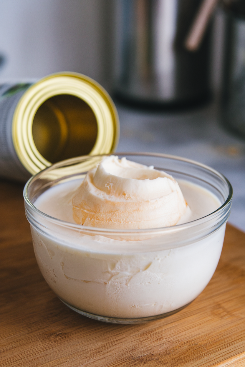 Indoor photo of a can of coconut milk emptied into a clear bowl, creamy layer visible on top; no text or logos