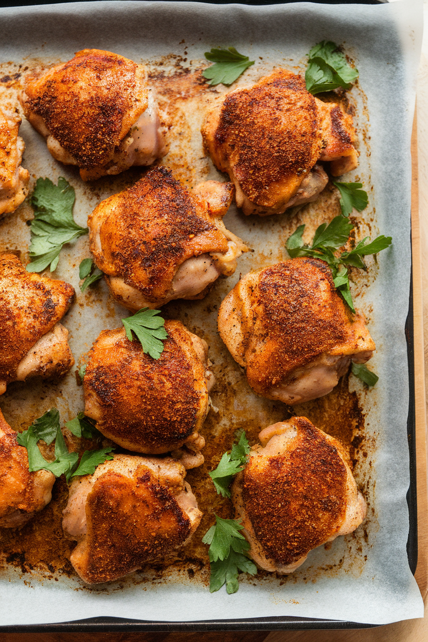 Photo of an indoor baking sheet lined with parchment, holding cooked Cajun-spiced chicken thighs with crispy edges, parsley sprinkled on top, no logos visible.