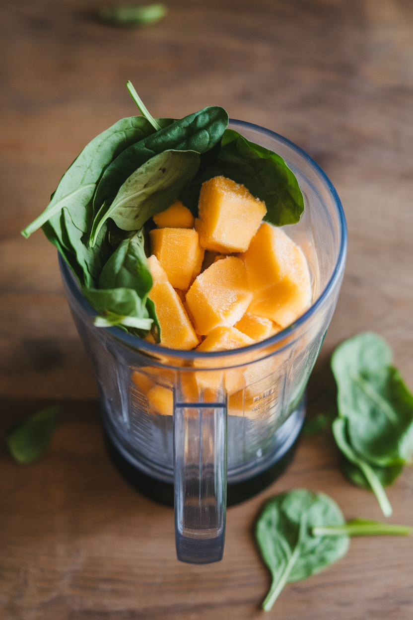 An indoor blender cup filled halfway with spinach leaves and frozen mango chunks, no logos.
