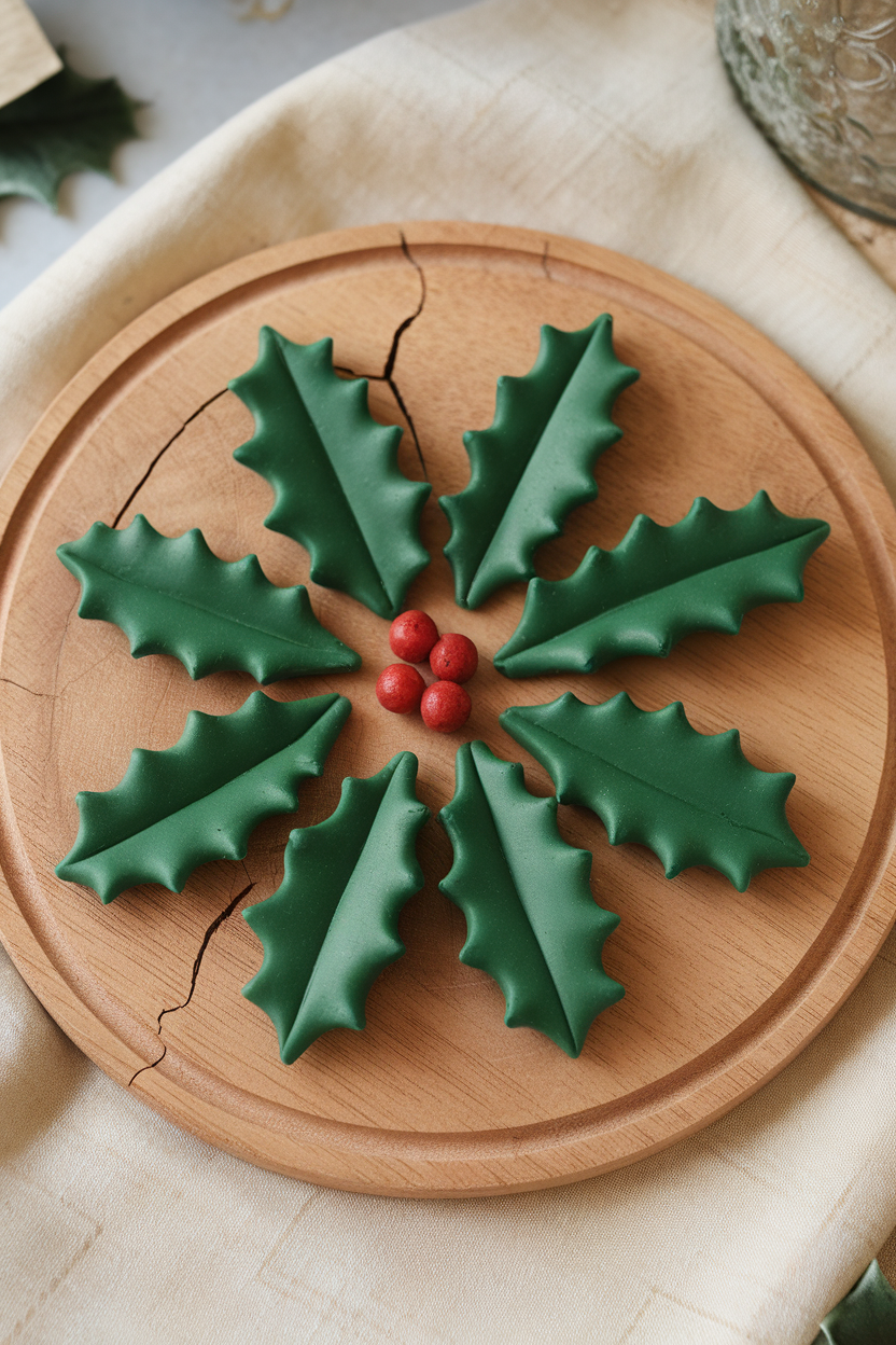 A close-up indoor shot of green marzipan holly leaves and tiny red marzipan berries arranged on a wooden board, no text or logos