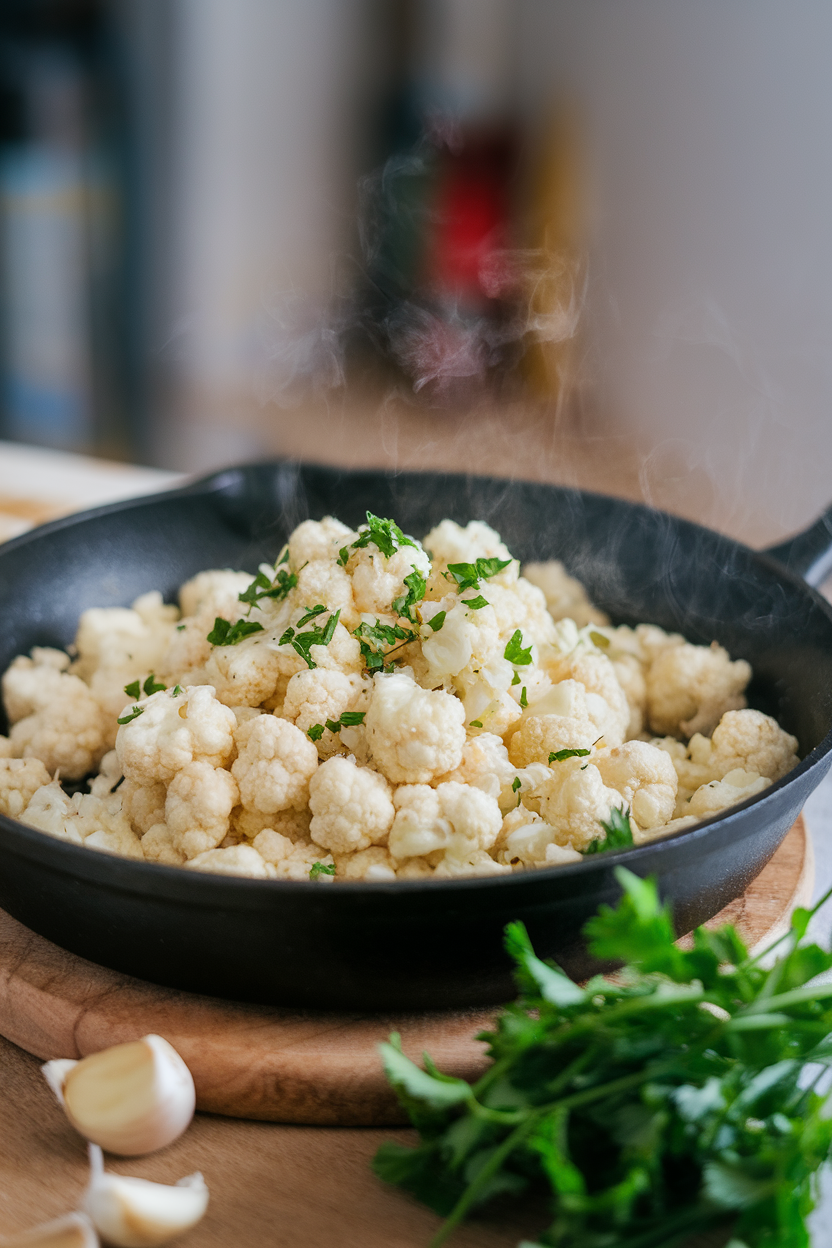 An indoor skillet with steaming cauliflower rice sprinkled with chopped parsley, no text or logos.