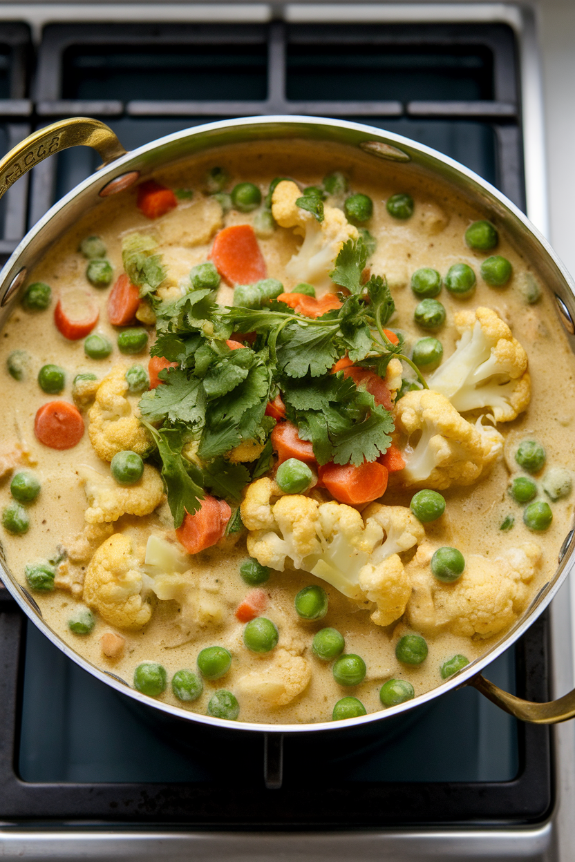 Indoor stovetop shot of a creamy golden curry filled with cauliflower, peas, and carrots, topped with fresh cilantro. No text or logos.