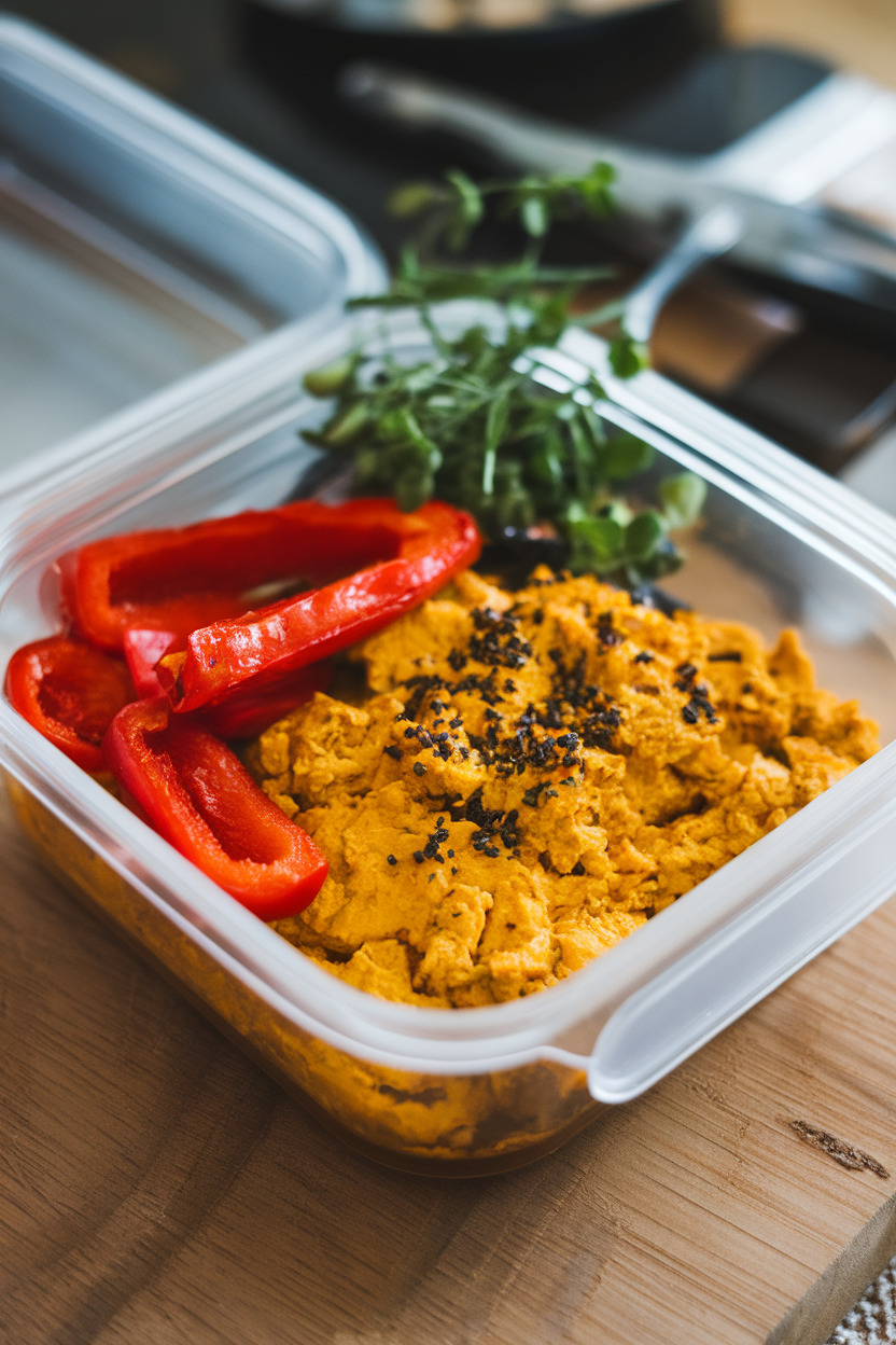 An indoor meal-prep container filled with turmeric-colored tofu scramble alongside roasted red peppers; no logos, no text.