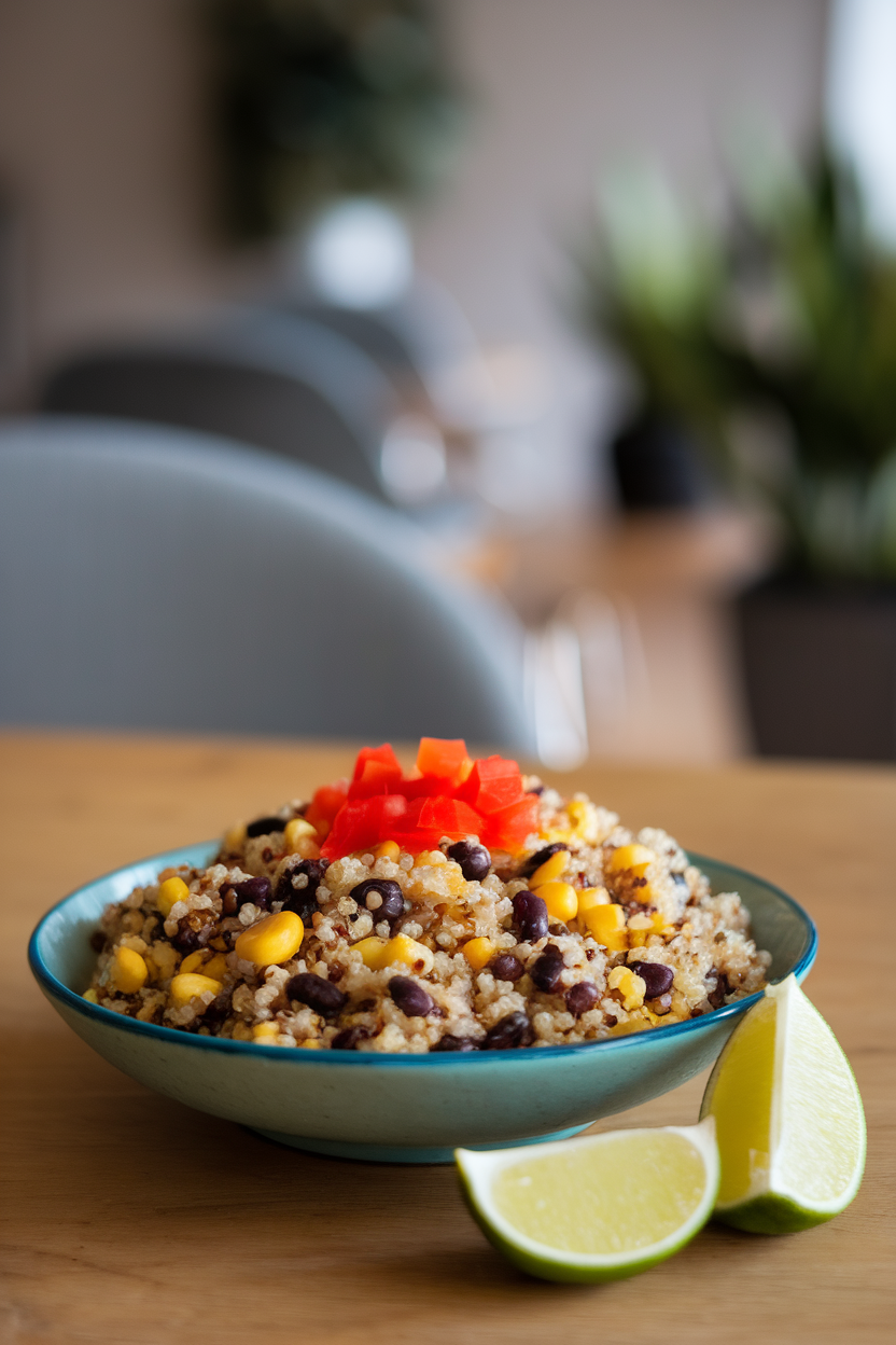 An indoor dining table featuring a shallow bowl of fluffy quinoa mixed with black beans, corn, and diced red pepper, bright lime wedges on the side. No text or logos visible.
