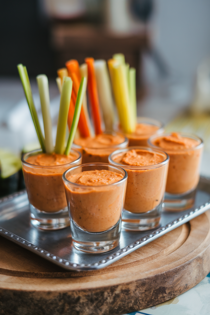 Photo of an indoor tray holding shot glasses layered with smooth roasted red pepper hummus and upright veggie sticks, soft lighting, no logos or text.
