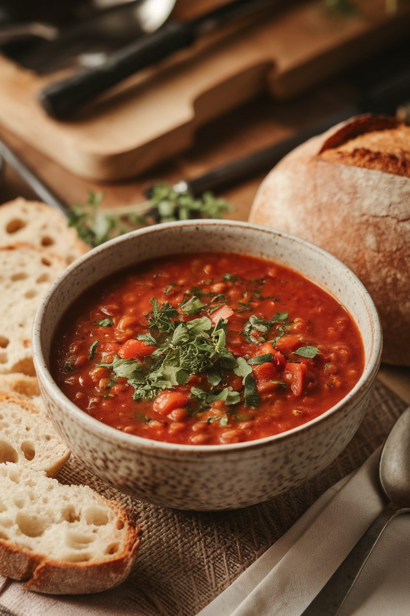 Indoor photo of lentil soup with tomatoes and herbs in a shallow bowl; no text or logos