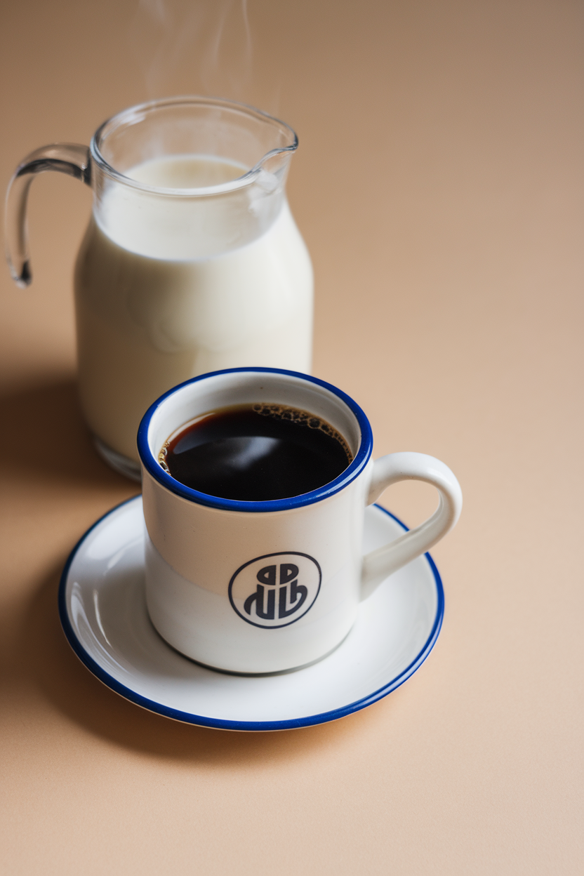 An indoor café-style mug of black coffee on a saucer alongside a small pitcher of steamed unsweetened almond milk, no logos.