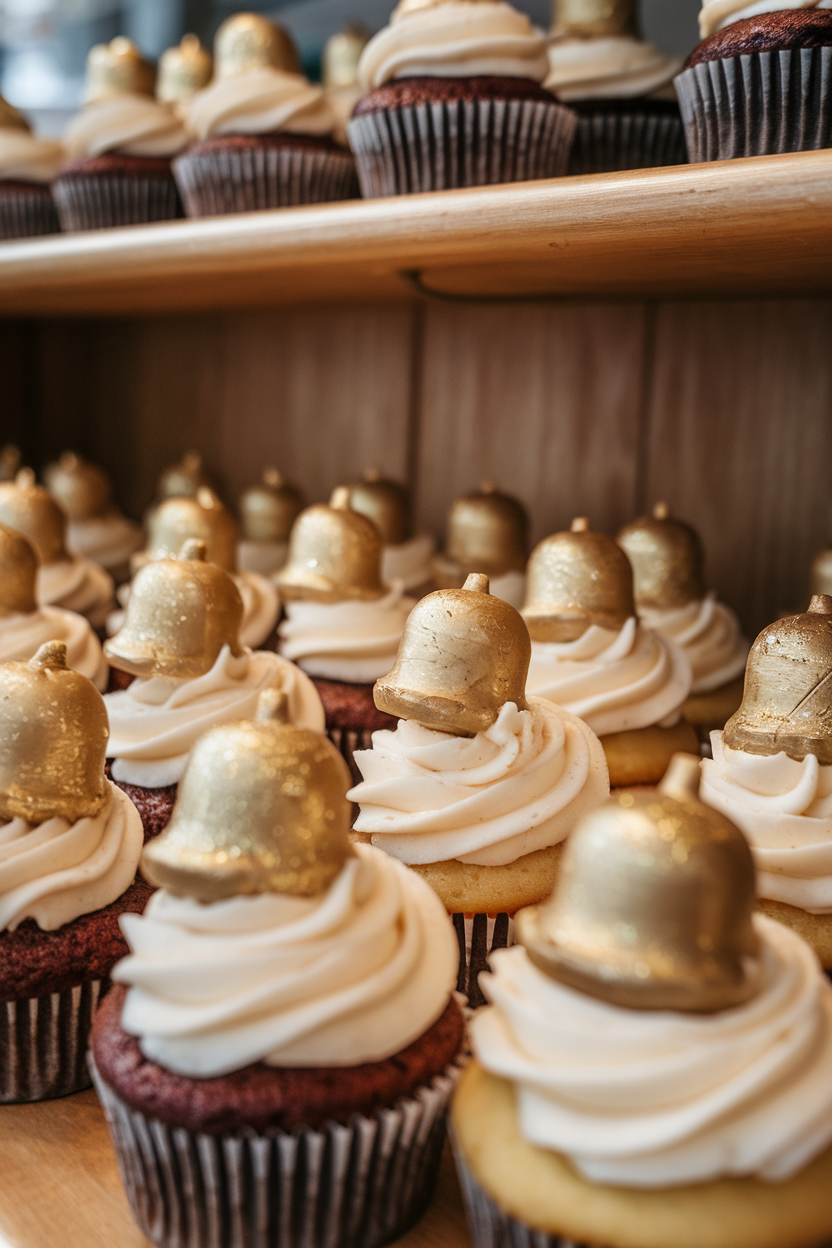 Photo of indoor bakery display with cupcakes topped by tiny edible gold bells made from molded chocolate painted with luster dust, no text or logos.