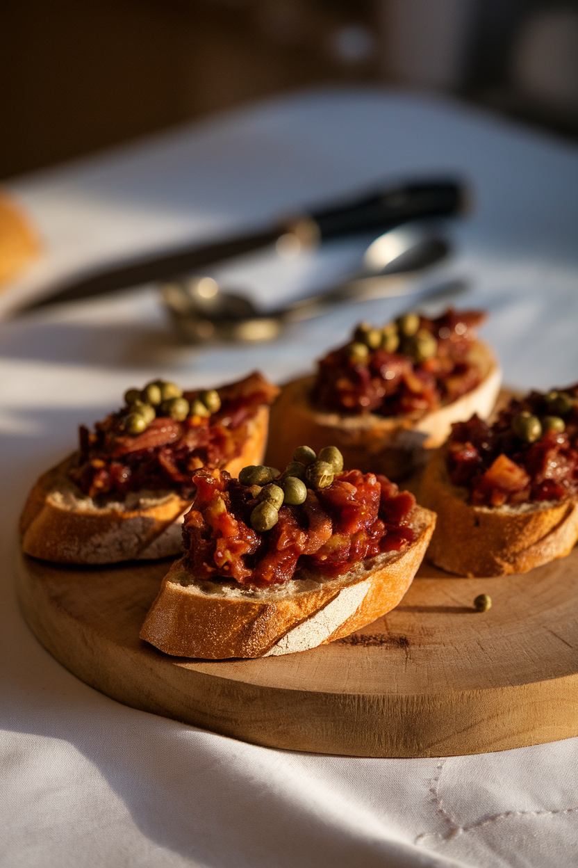 Photo of an indoor wooden board with toasted baguette slices topped with eggplant caponata, capers visible; soft evening light, no text or logos
