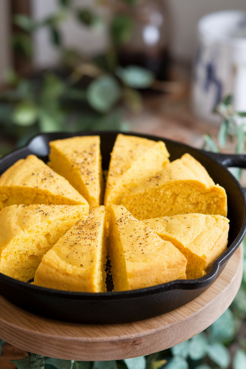 An indoor cast-iron skillet with bright yellow cornbread wedges sprinkled with cracked black pepper. No text or logos. Photo only.