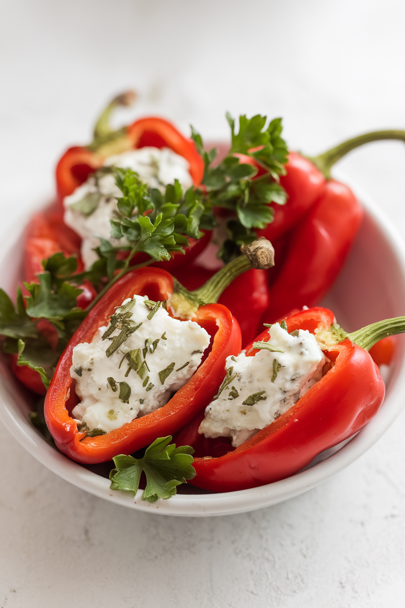 A small indoor dish of bright red peppadew peppers filled with herbed goat cheese, garnished with parsley. No text or logos anywhere.