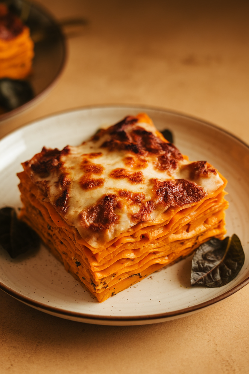 Warmly lit shot of a square of butternut squash lasagna with browned cheese on top, no text or logos.