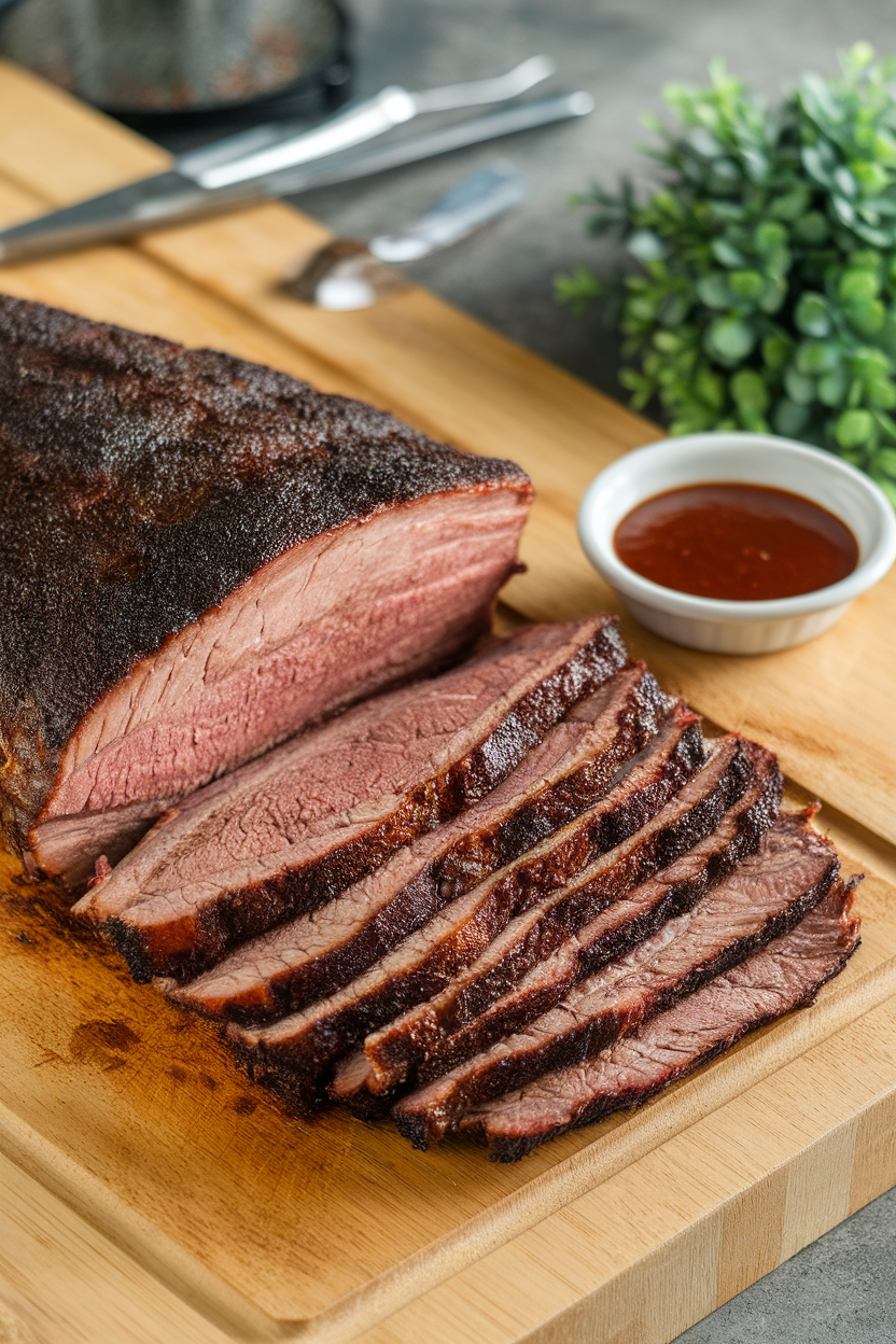 Indoor carving board photo of sliced smoked brisket showing a dark bark and smoke ring, small dish of barbecue sauce nearby. No text or logos.