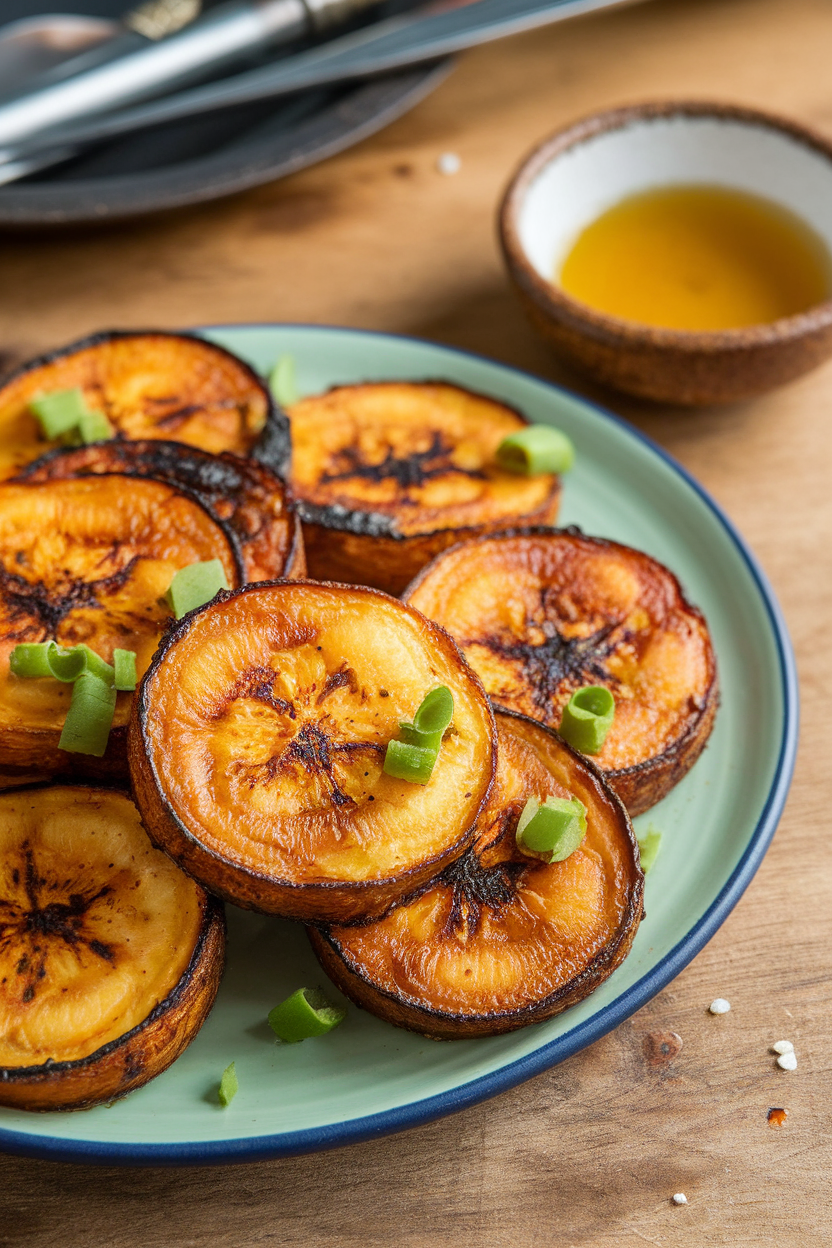 Indoor plate of baked plantain rounds brushed with honey-lime glaze, light char marks visible. No text or logos.