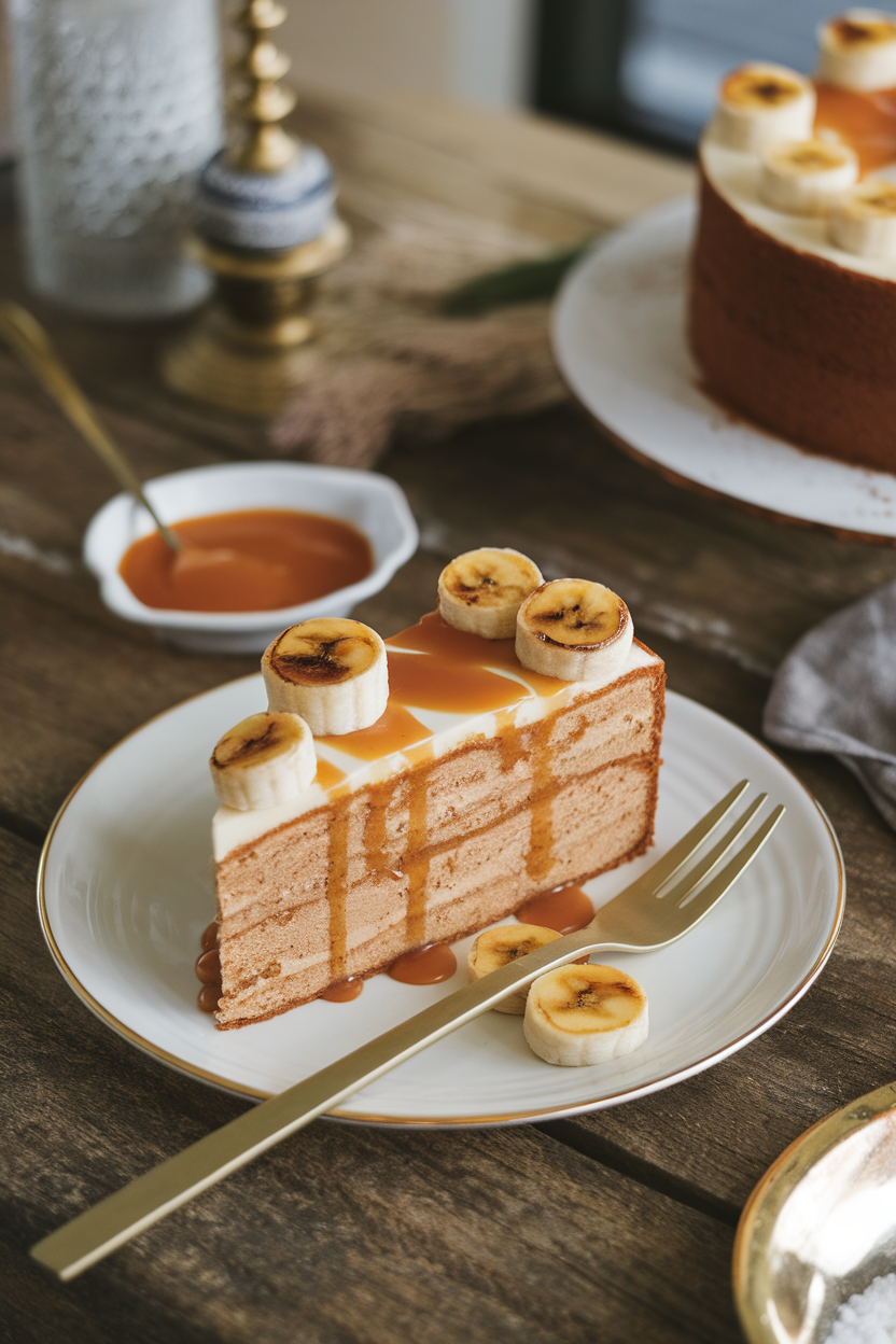 An indoor dessert bar with a banana cake slice topped with caramel-rum sauce and brûléed banana coins. No text or logos. Photo, not illustration.