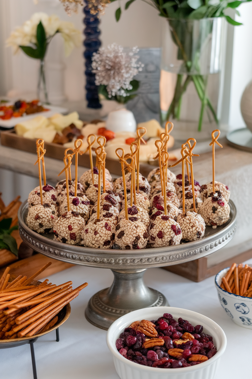 An indoor buffet with mini cheese balls coated in chopped cranberries and pecans, each skewered with a pretzel stick, no logos.