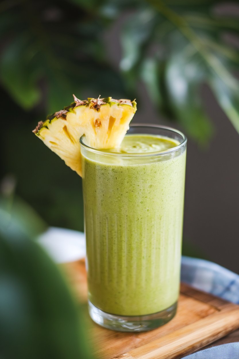 Indoor close-up of a tall glass containing bright green smoothie garnished with pineapple wedge; morning light, no text or logos.