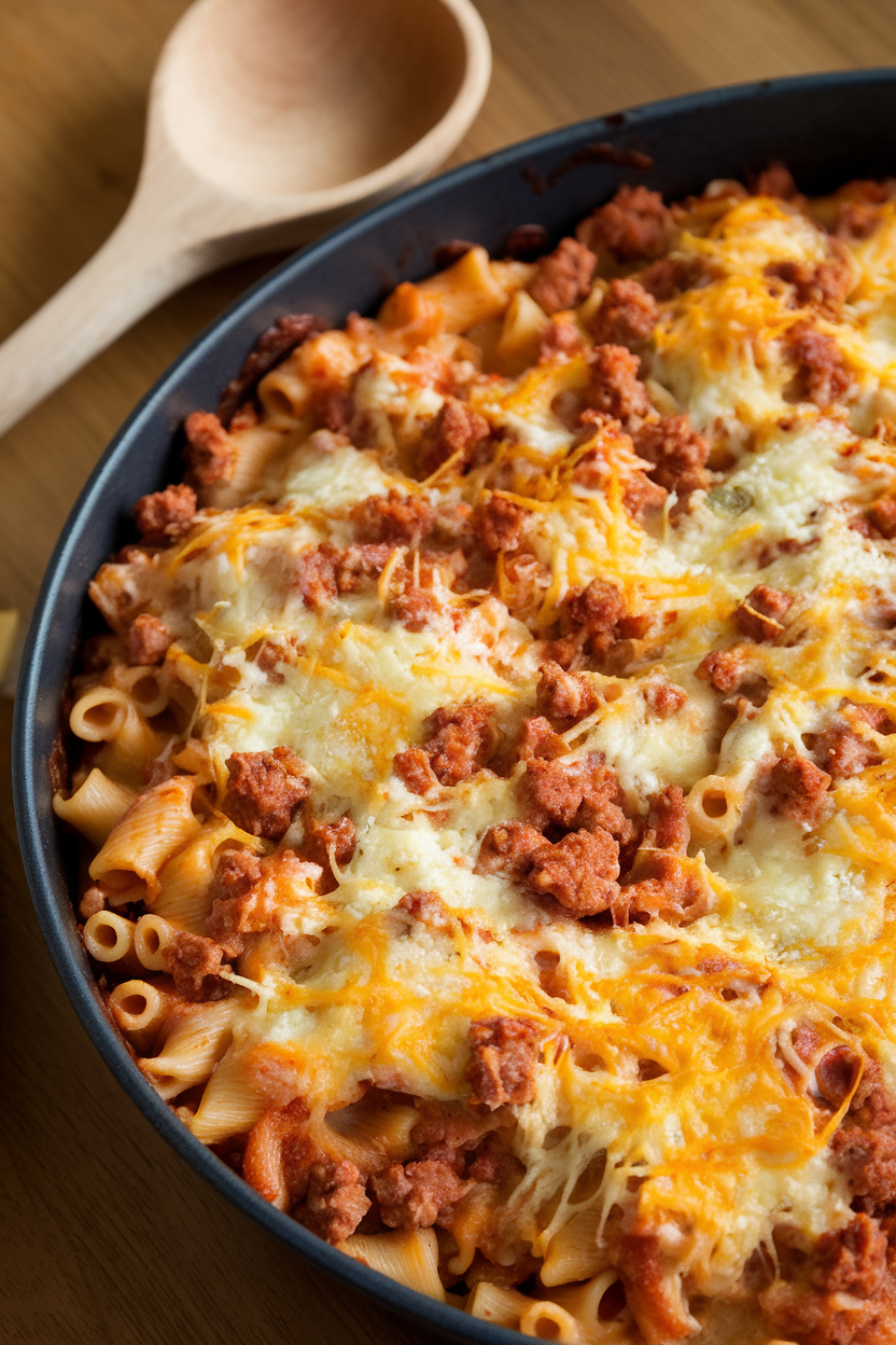 Indoor photo of a deep baking dish of cheesy baked ziti, sausage crumbles peeking through, ladle resting nearby. No text or logos.