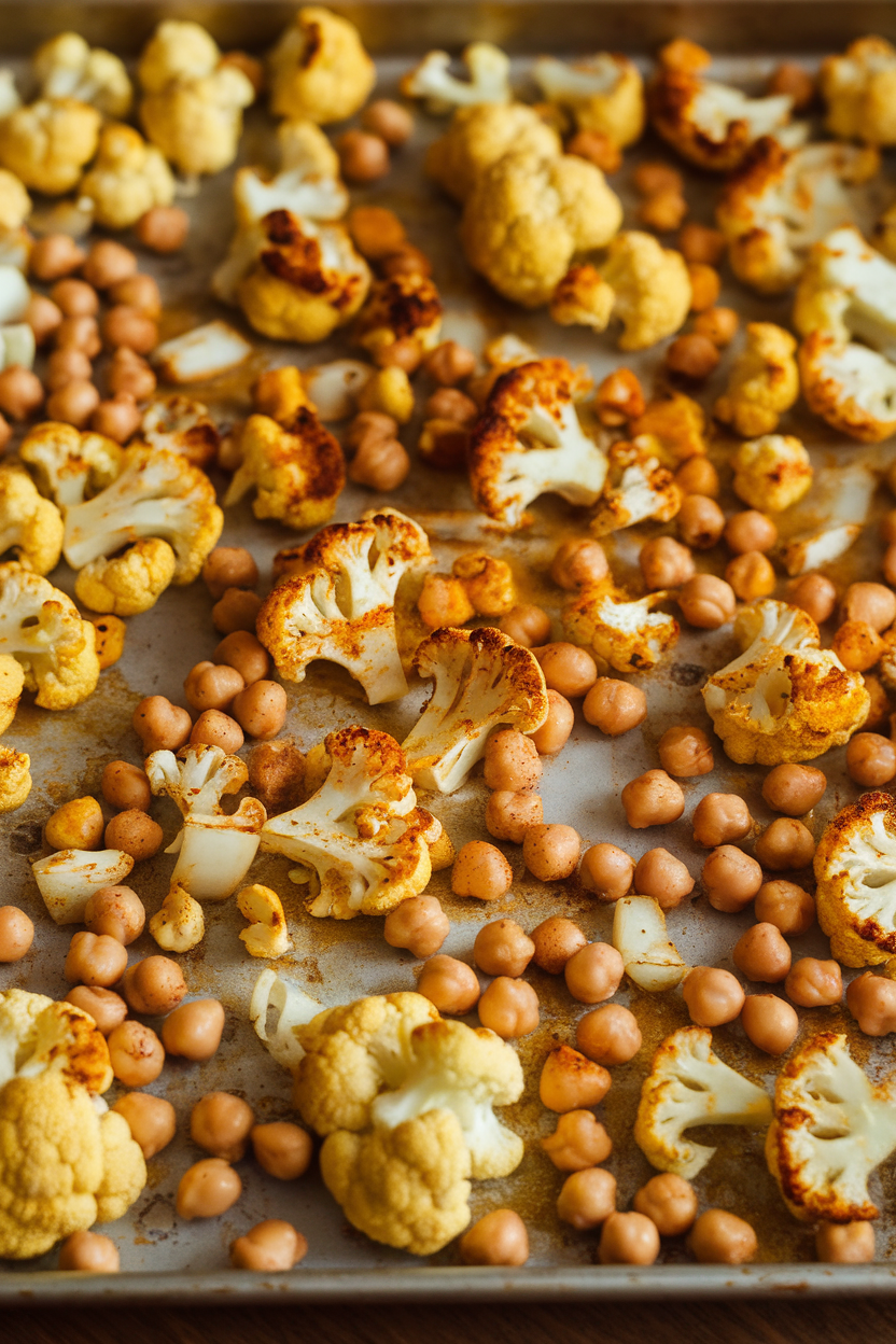 An indoor sheet pan covered with browned cauliflower florets, chickpeas, and diced onions coated in curry spices. No text or logos visible. Photo.
