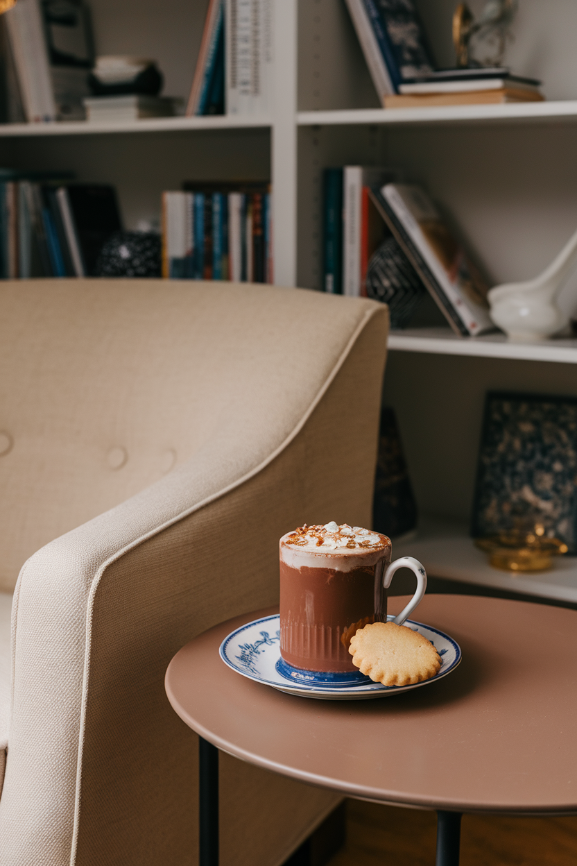 Indoor armchair-side table featuring a porcelain mug of thick hot chocolate topped with slivered almonds and a shortbread cookie. No text or logos; photograph, not illustration.