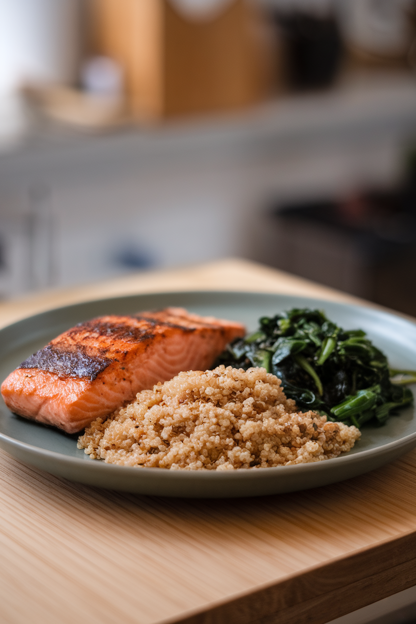 Photo prompt: An indoor plate divided into thirds: grilled salmon, quinoa, and sautéed greens, each section clearly visible, no text or logos.