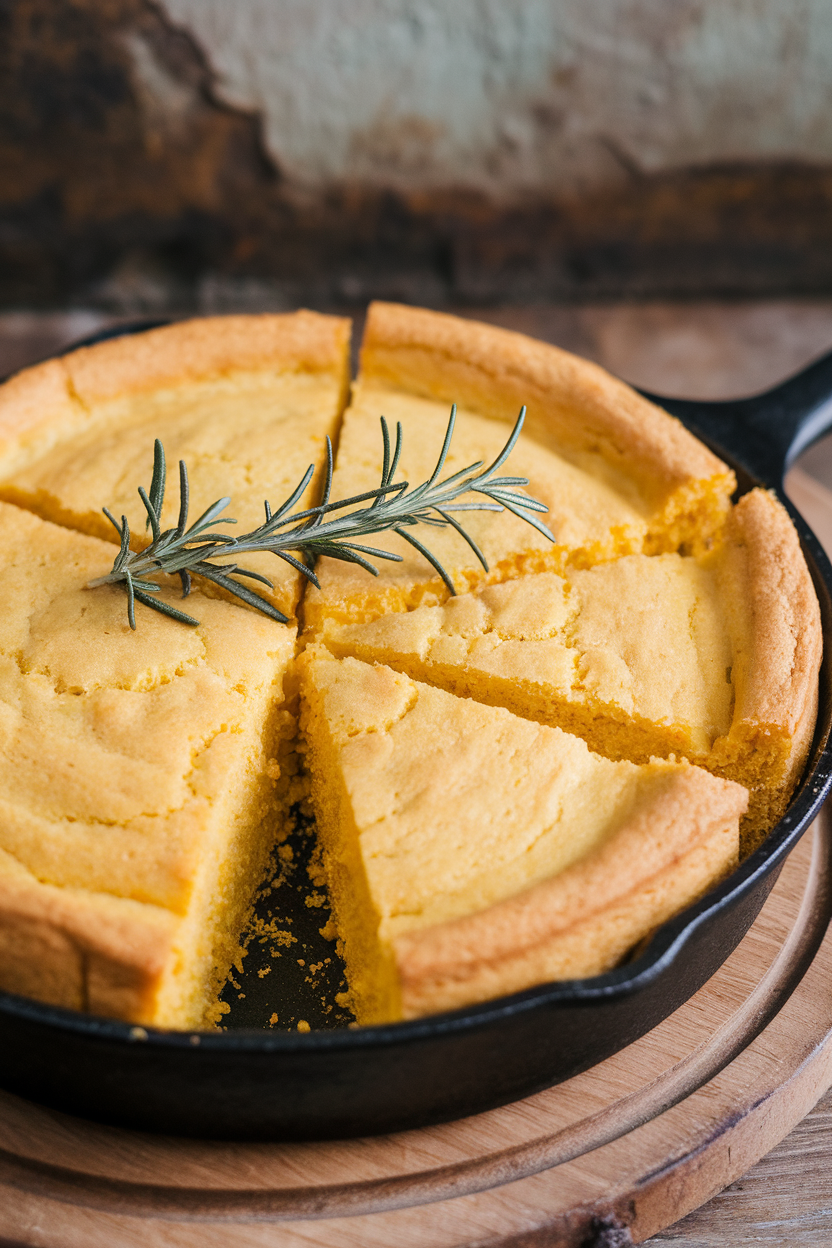 A cast-iron skillet of golden gluten-free cornbread cut into wedges, indoors. No text or logos.