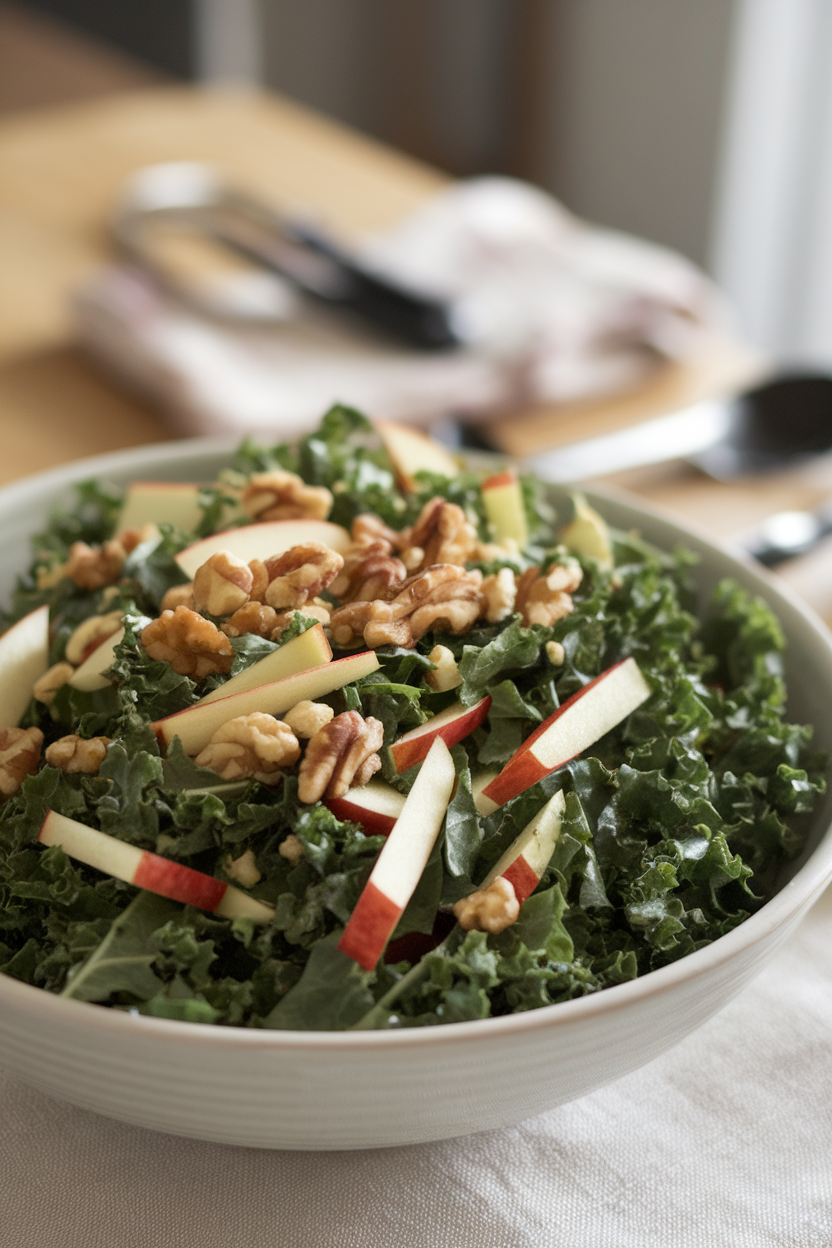 A salad bowl indoors of finely shredded kale mixed with matchstick apples and chopped walnuts, dressing glistening lightly. No text or logos. Photo only.