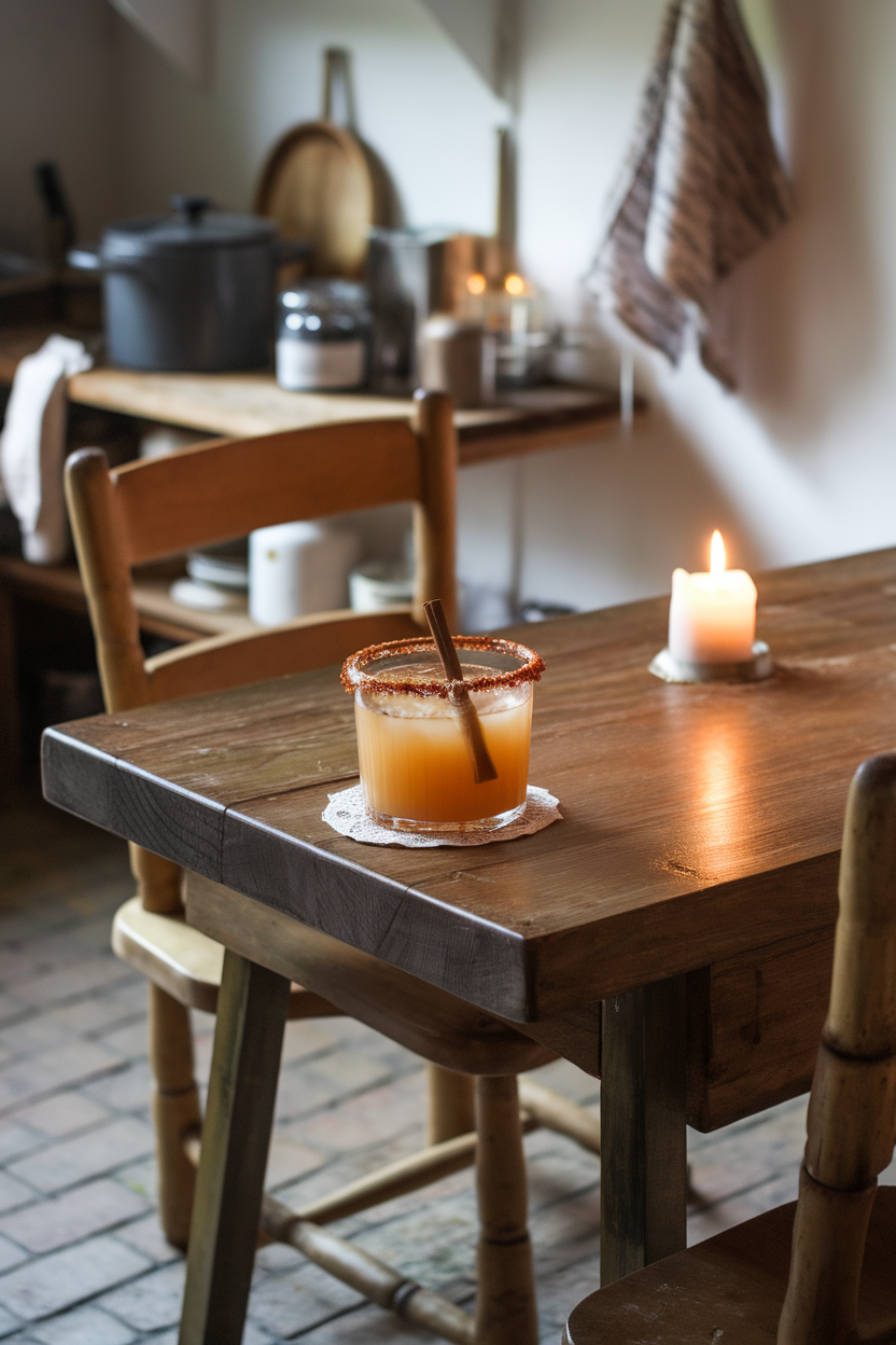 Indoor rustic kitchen featuring a margarita glass with cinnamon-salt rim, filled with warm, golden cider cocktail and a cinnamon stick inside. No text or logos; photograph, not illustration.