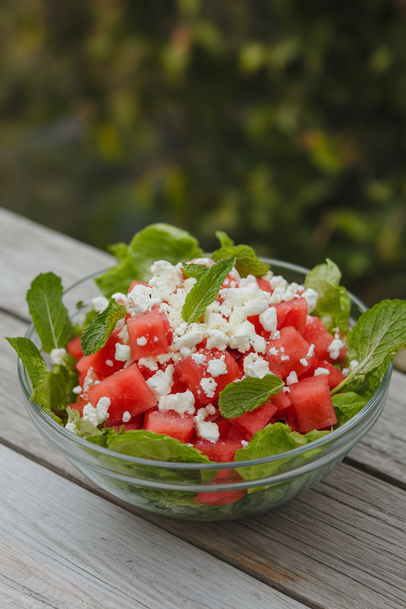 An indoor salad bowl holding bright red watermelon cubes tossed with crumbled feta and torn mint leaves. No text or logos. Photo only.