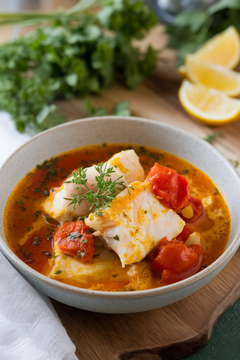An indoor bowl of hearty fish stew with chunks of white fish, tomatoes, and saffron broth; no text or logos.