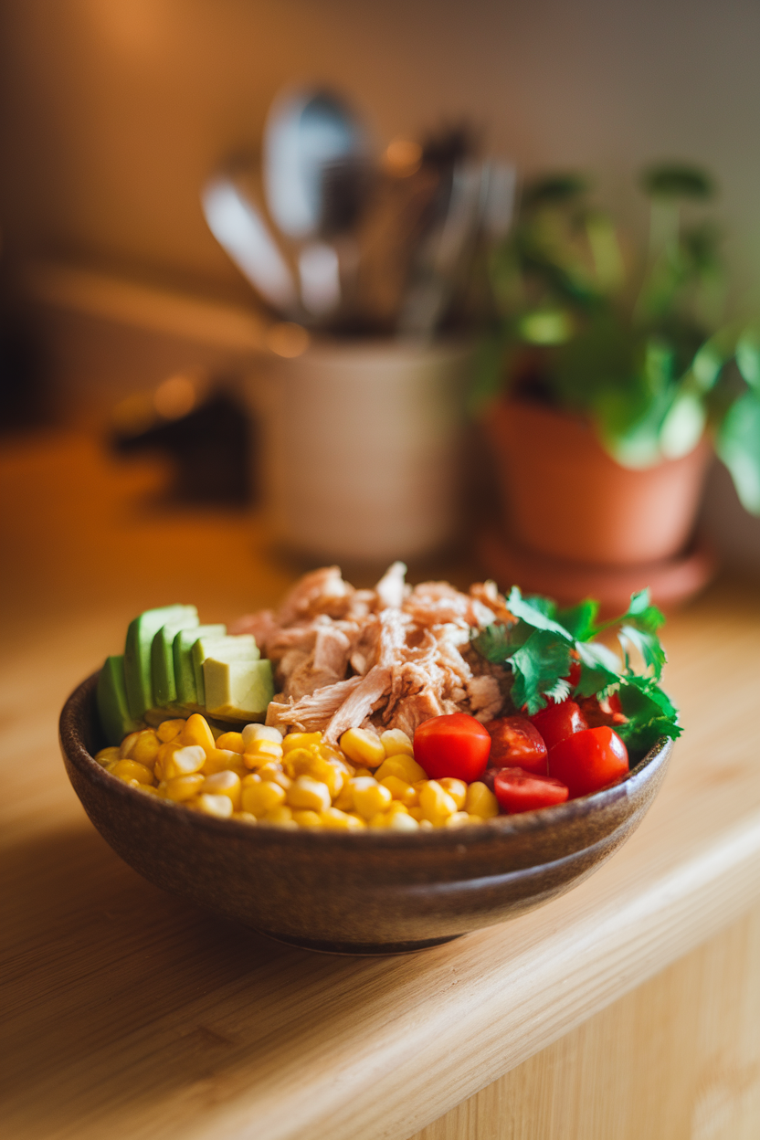 Warm indoor counter displaying a bowl of grilled corn kernels, diced avocado, shredded chicken, cherry tomatoes, and cilantro — no logos