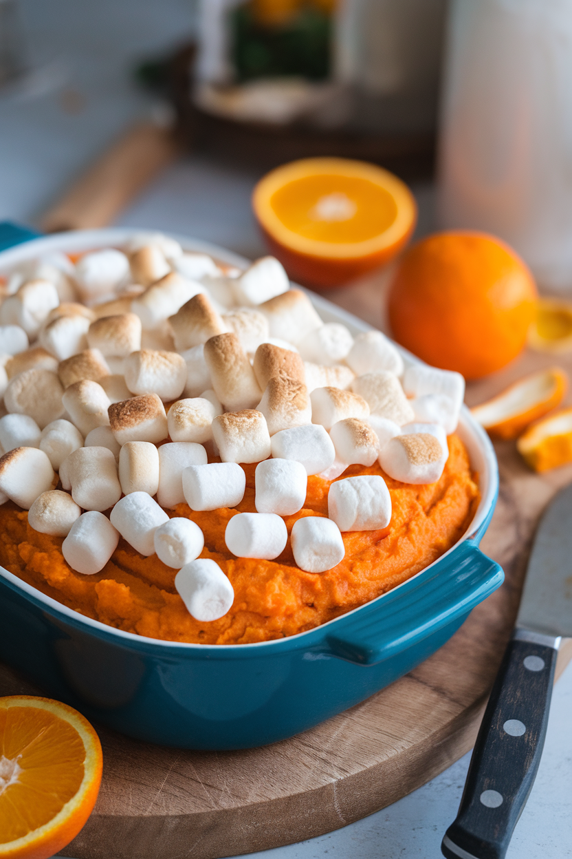Indoor photo of a baking dish showing toasted mini marshmallows atop orange sweet potato mash, no text or logos