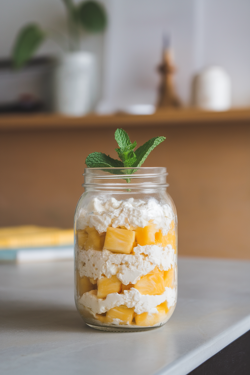A clear jar on an indoor surface layered with creamy cottage cheese and bright pineapple chunks, garnished with a mint sprig; no logos or text.