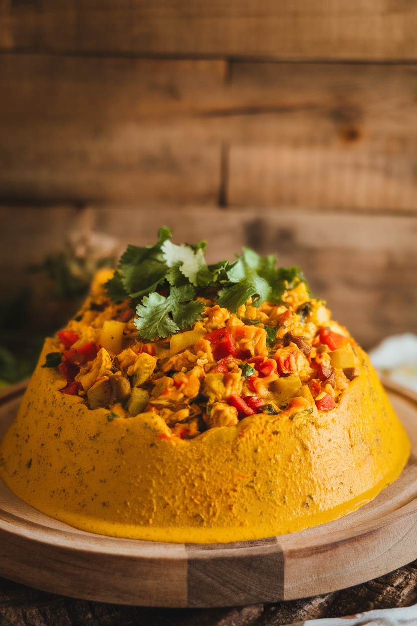 Indoor photo of vibrant yellow turmeric chili filled with mixed vegetables, topped with cilantro; no text or logos.