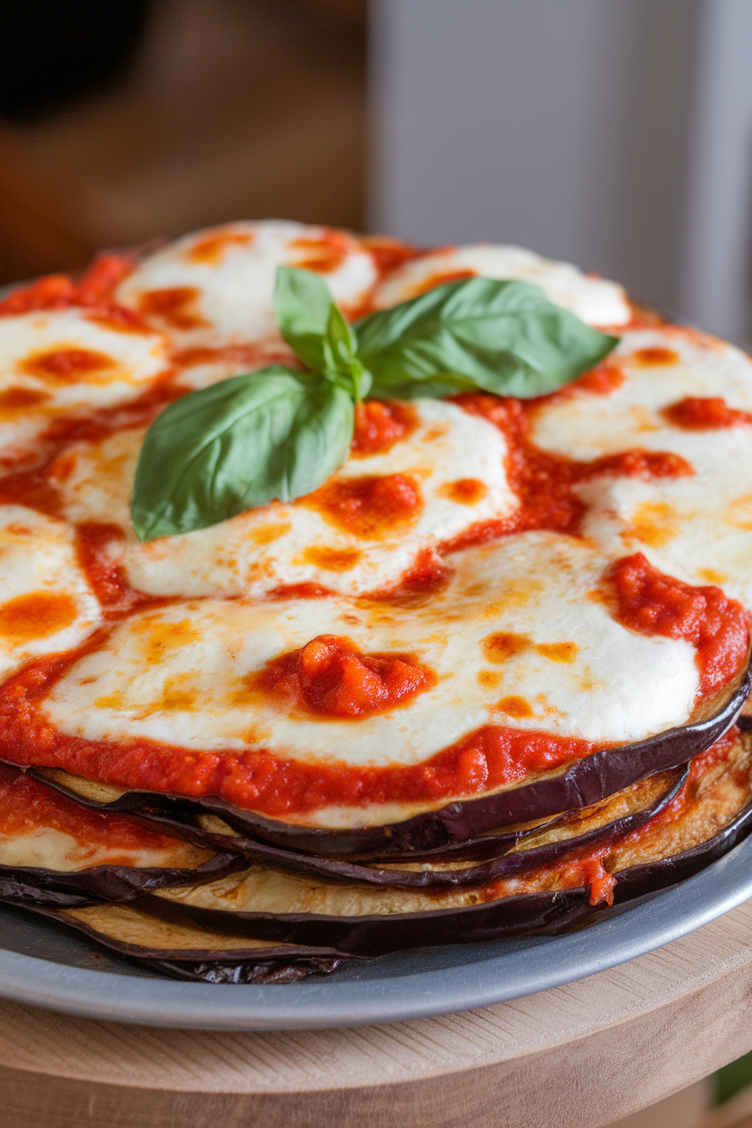An indoor platter of layered eggplant rounds, marinara, and mozzarella, cheese melted and slightly browned. No text or logos. Photo.