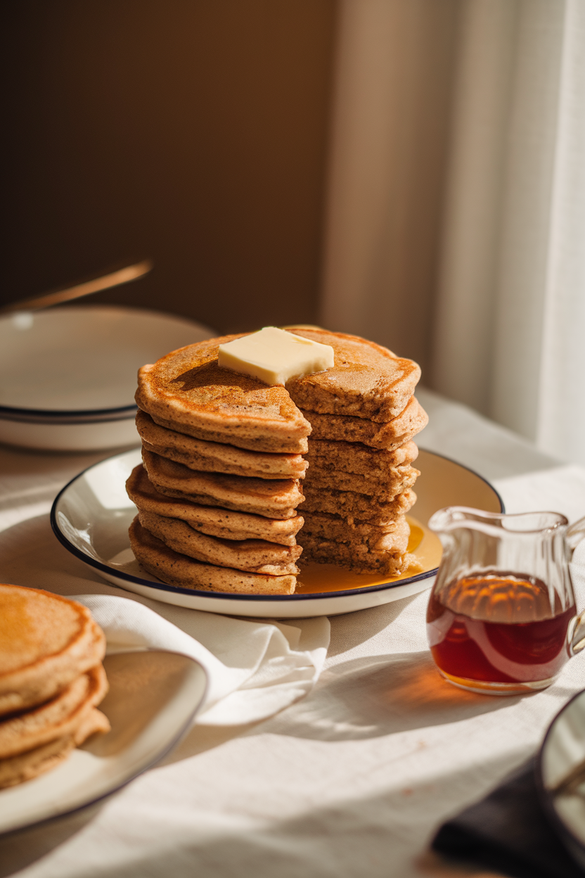 A warmly lit indoor dining table with a stack of fluffy whole-grain banana pancakes, a pat of melting butter on top, and a small pitcher of pure maple syrup nearby. No text or logos on dishes or linens.
