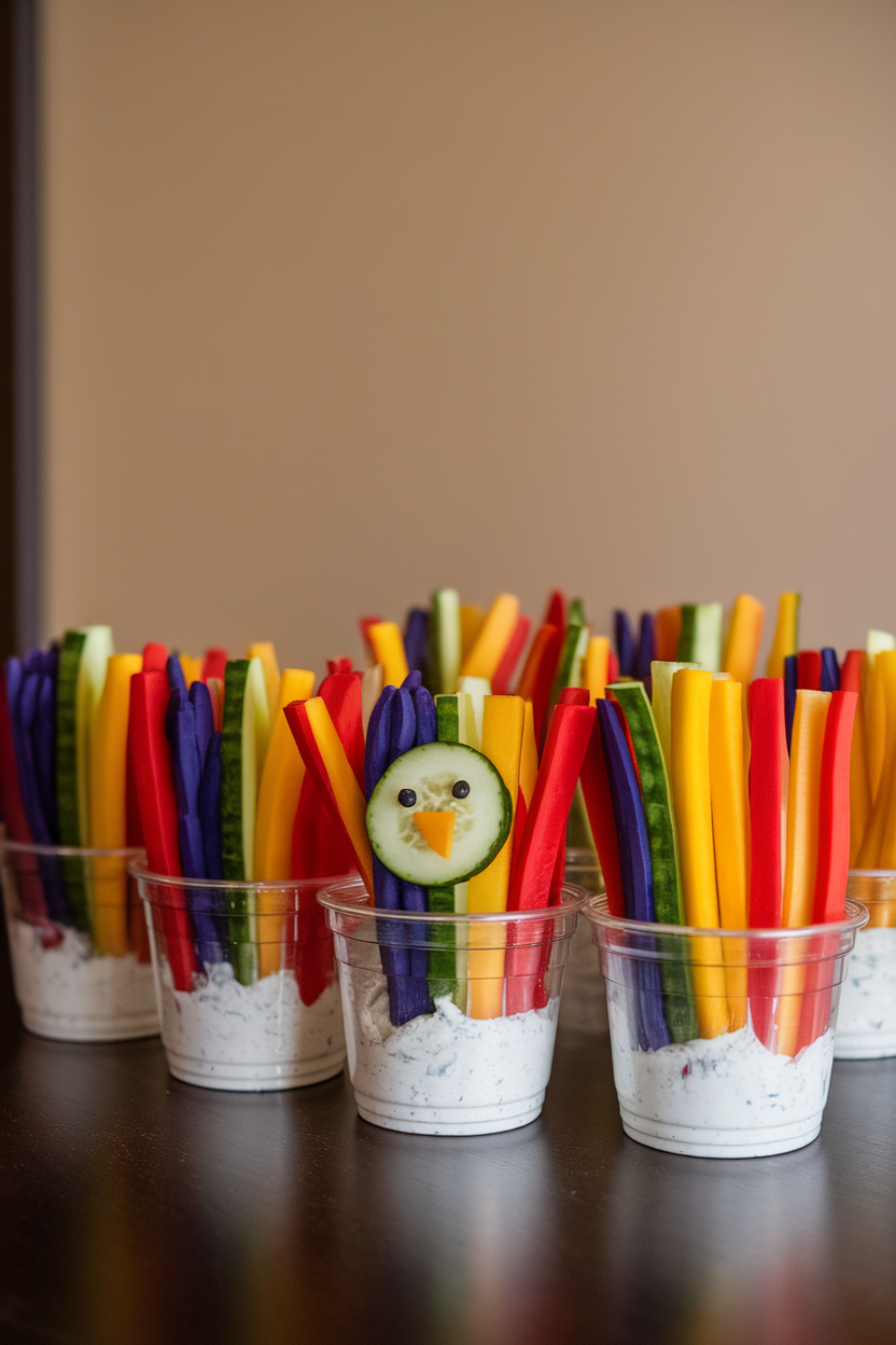 An indoor table set with clear plastic cups containing ranch dip at the bottom, upright rainbow veggie sticks arranged like turkey feathers, a round cucumber slice as the face. Photo, no text or logos.