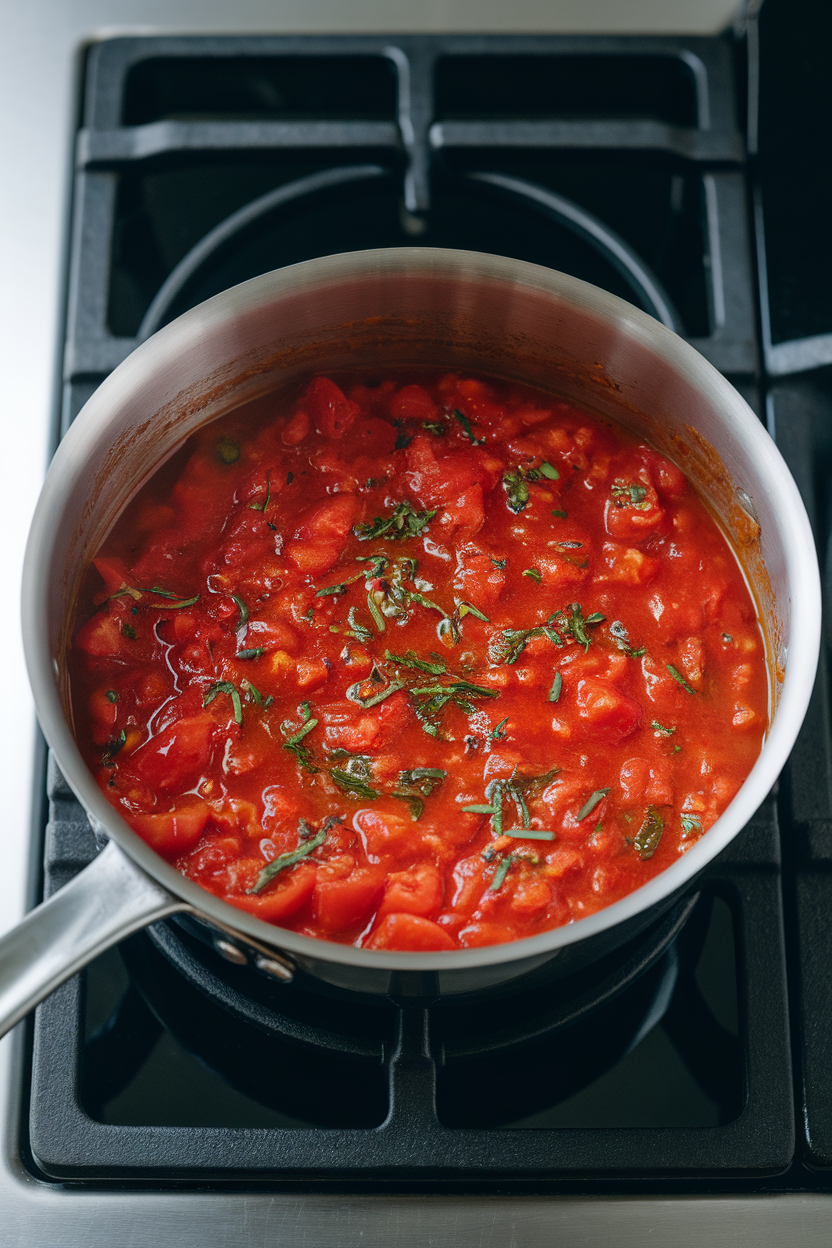 Saucepan simmering chunky tomato sauce with herbs, indoor photo, no text or logos