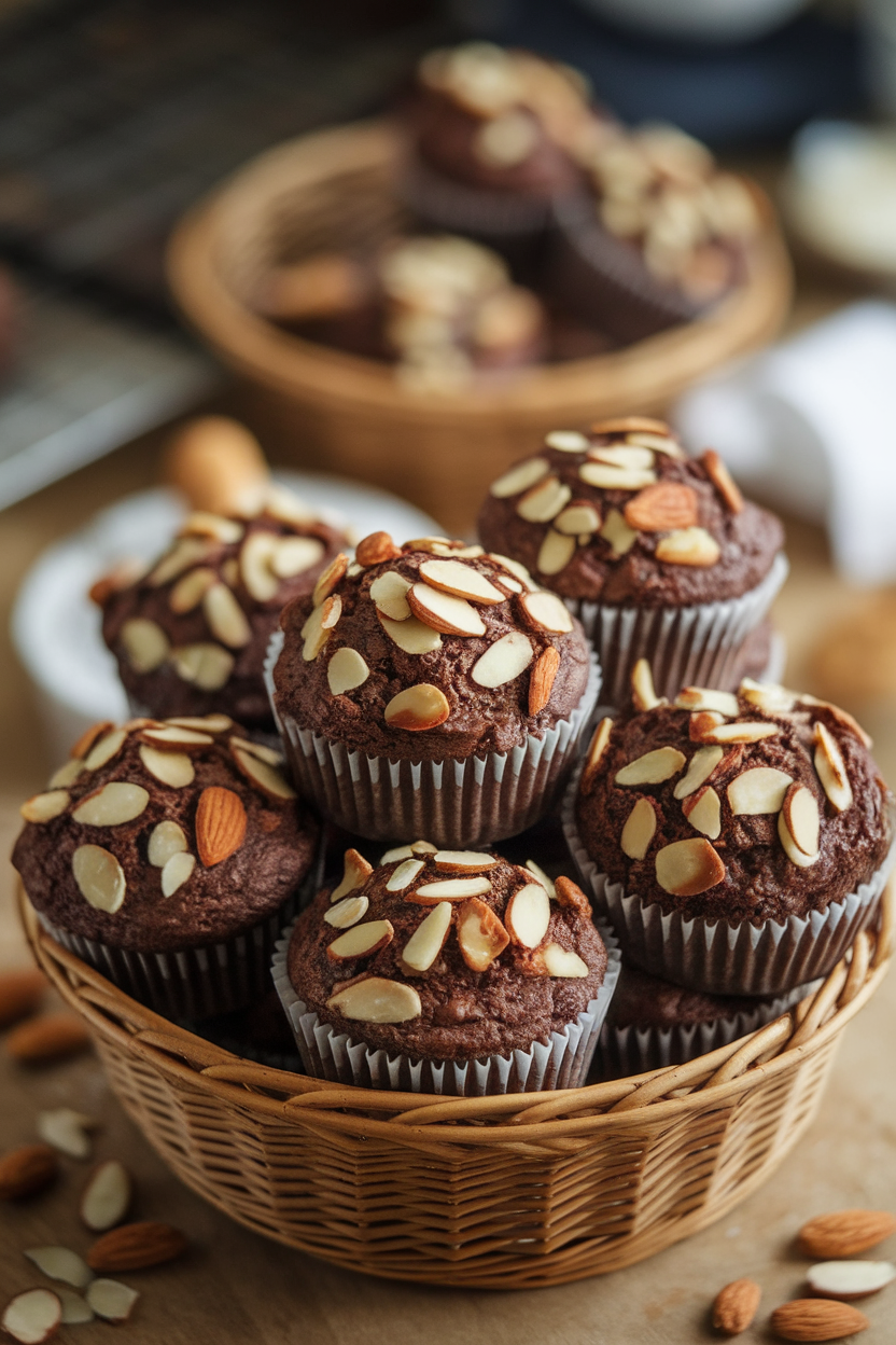 Indoor photo of chocolate coconut muffins with almond halves on top, no text or logos