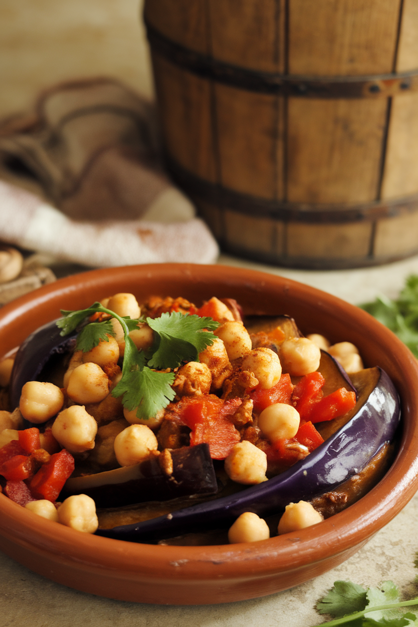 Photo of a rustic indoor table featuring a shallow clay dish filled with stewed eggplant, chickpeas, tomatoes, and Moroccan spices, garnished with cilantro. No text or logos present.
