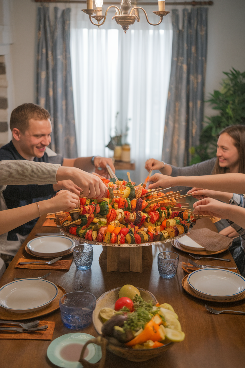 Indoor family dinner table featuring a large platter of grilled vegetable kebabs everyone is reaching for, no text or logos. Photo.
